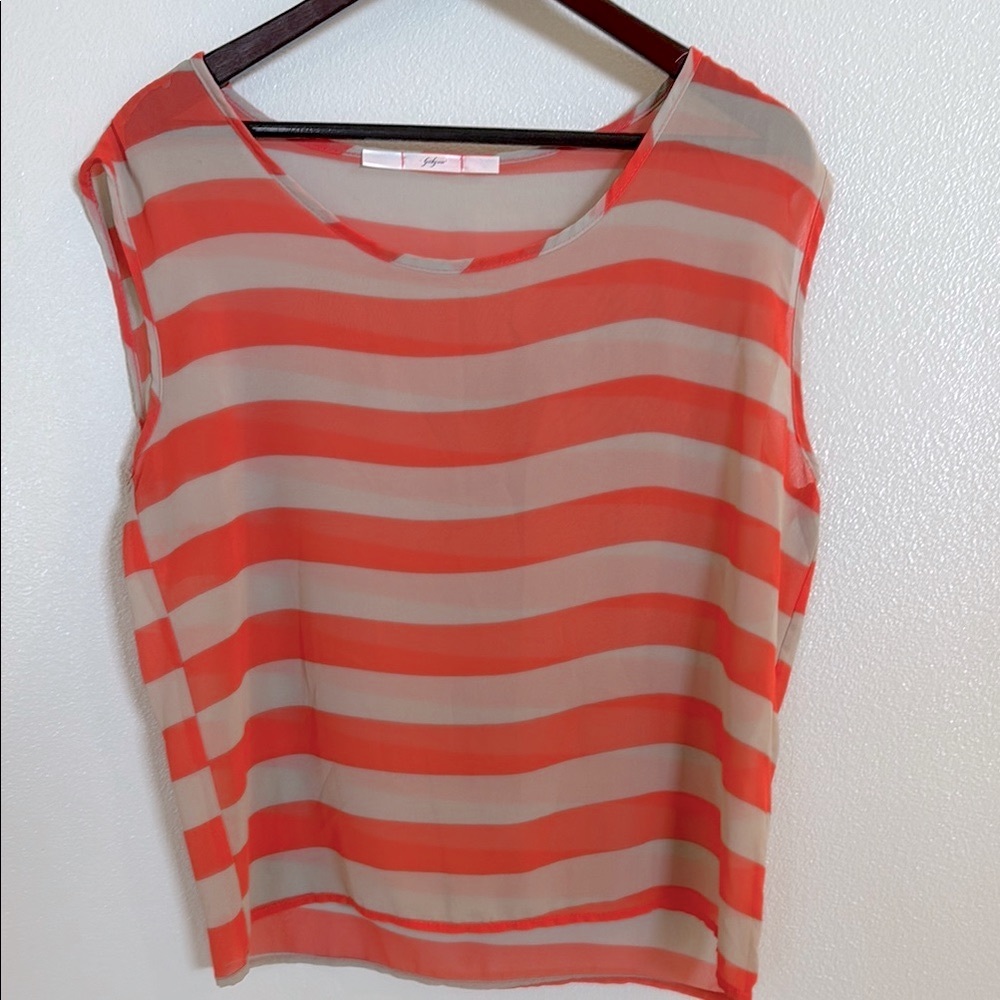 Striped Sheer-ish Sleeveless Top - coral and tan